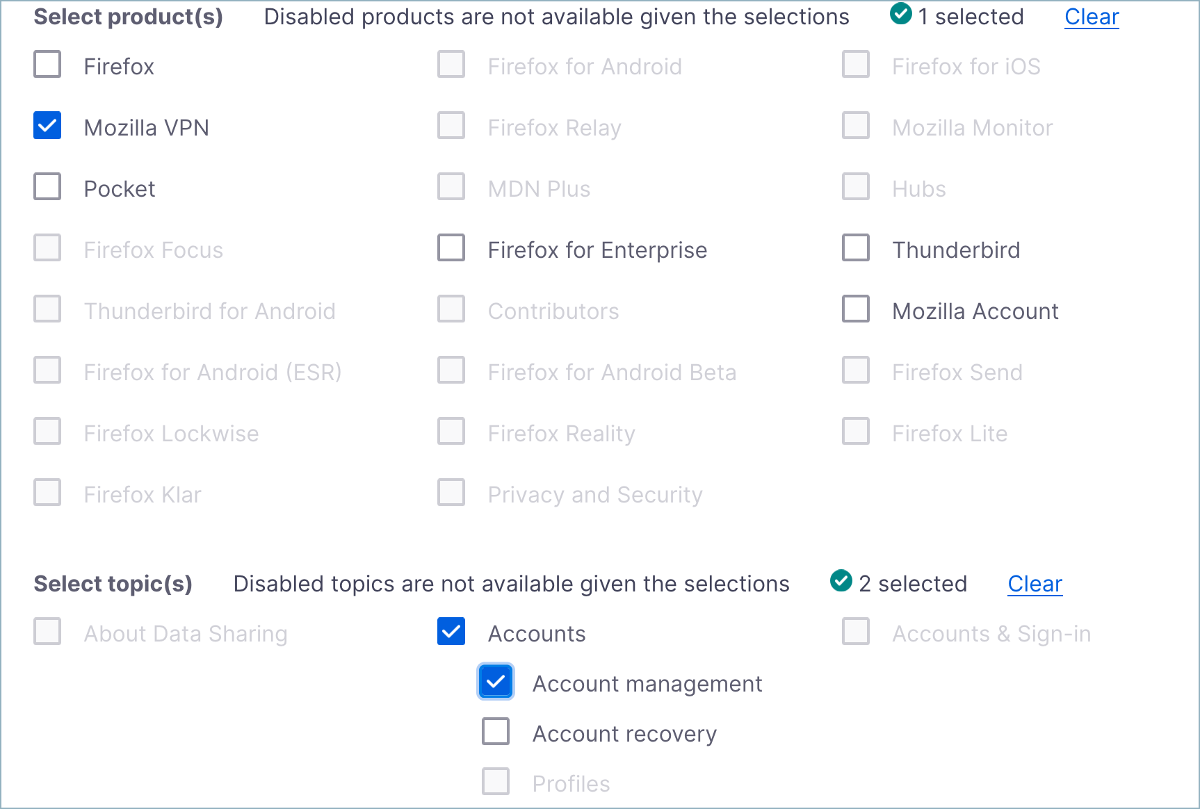 KB product and topic selection