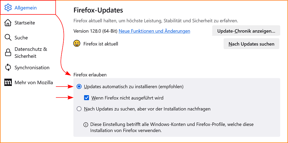 Einstellungen Allgemein Updates fx128