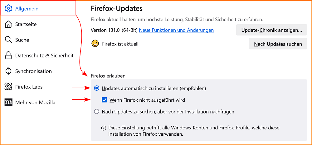 Einstellungen Allgemein Updates fx130