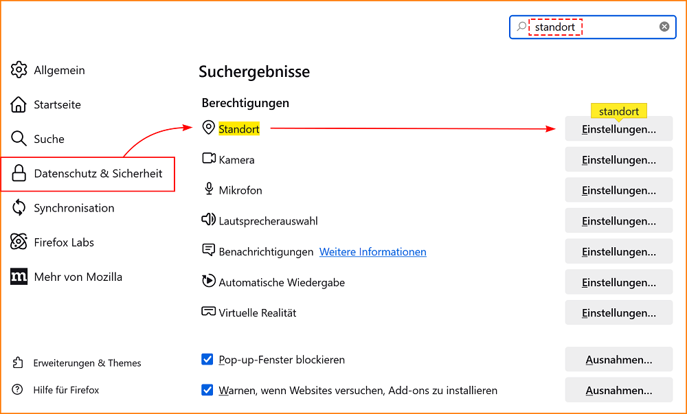 Einstellungen Datenschutz Berechtigungen Geolocation fx131