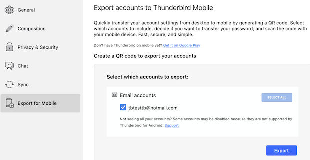 Thunderbird 128 Export accounts to Thunderbird Mobile