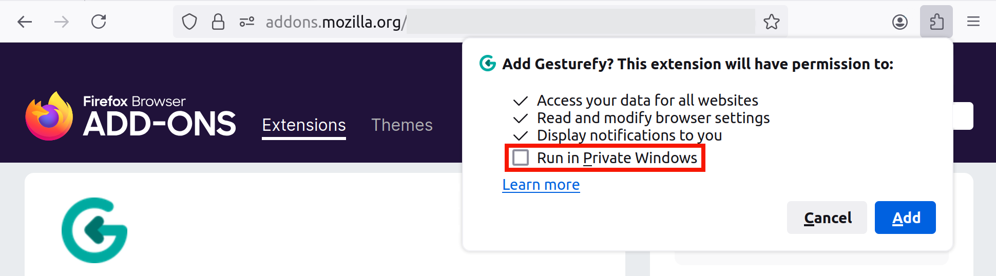 Add-on Run in Private Window permission