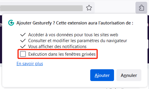 Messages de demande de permission pour les extensions de Firefox