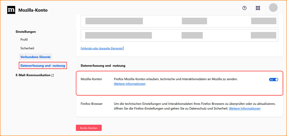 Mozilla Konto Datenerfassung fx130