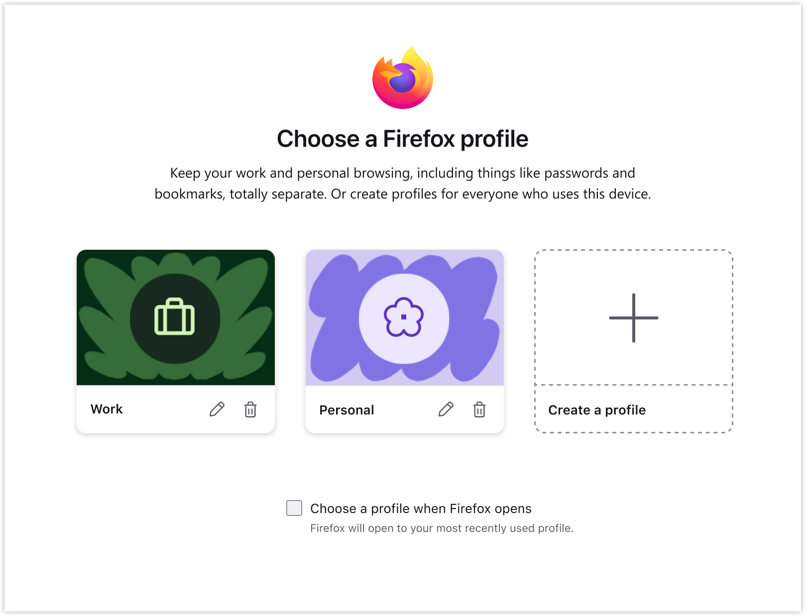 Choose a profile at Firefox startup