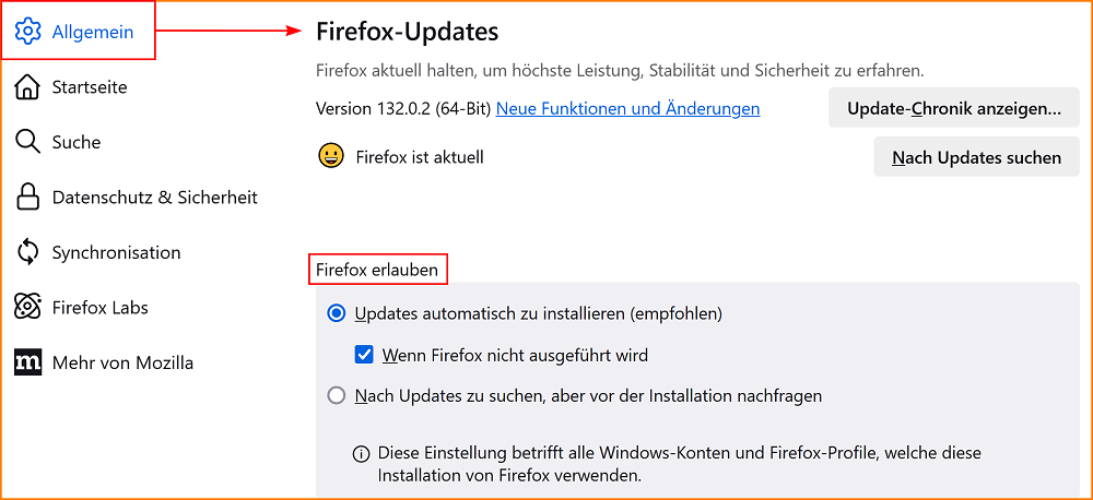 Einstellungen Allgemein Updates fx132