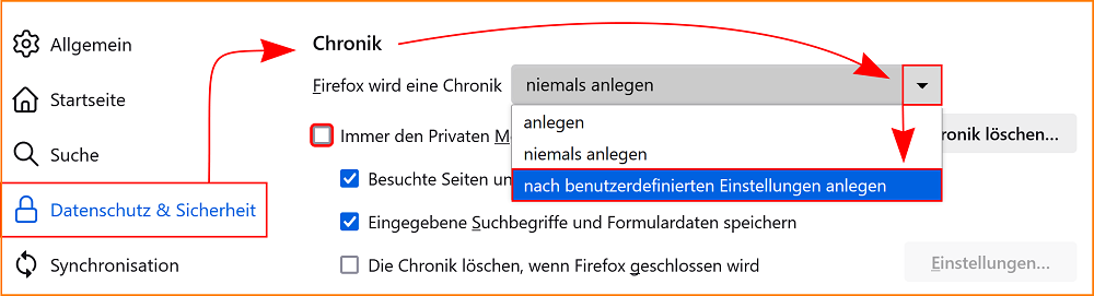 Einstellungen Datenschutz Chronik benutzerdefiniert fx133