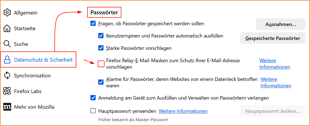 Einstellungen Datenschutz Passwörter fx133