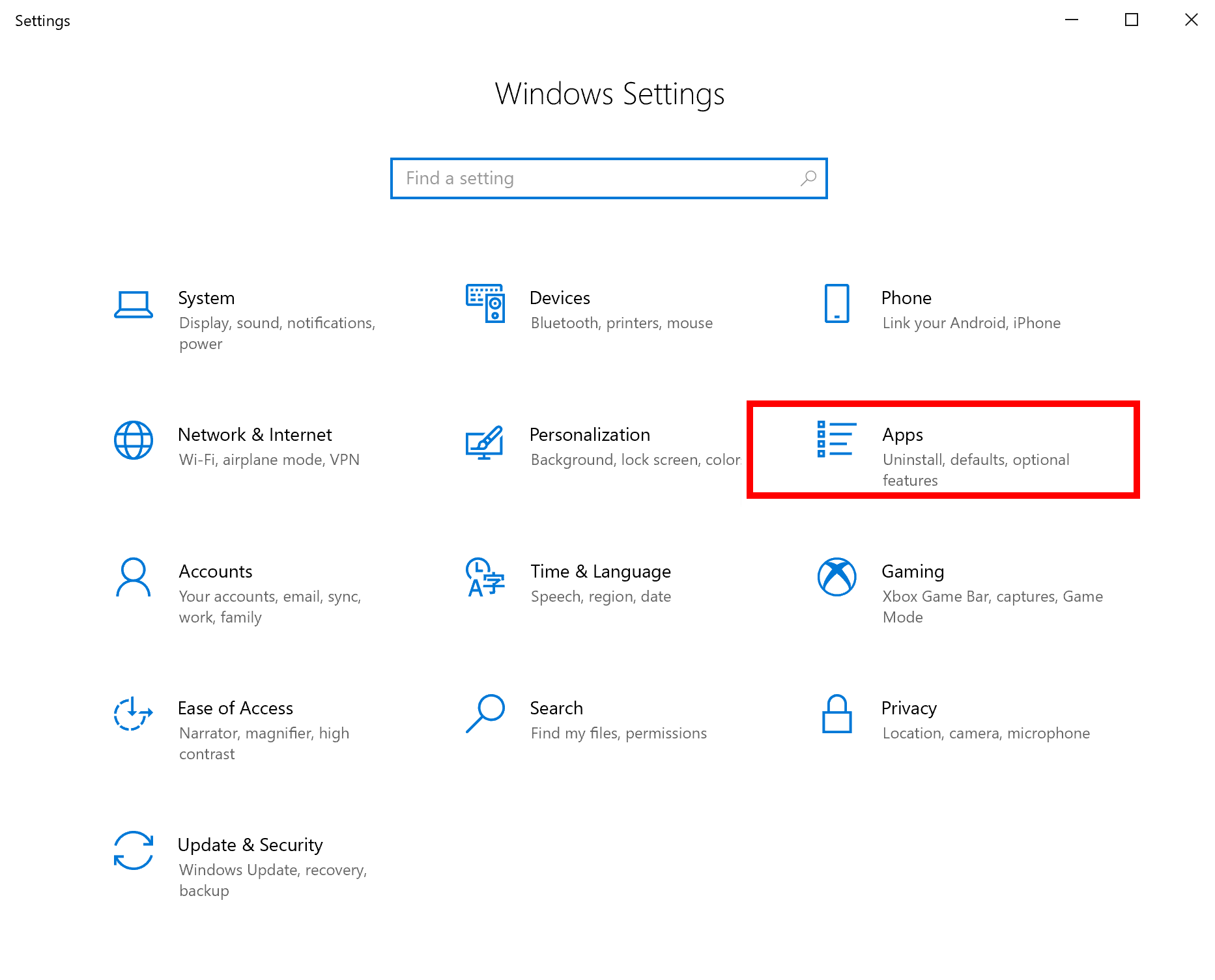 w10 Apps settings