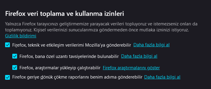 Ayarlar-Veri toplama izinleri