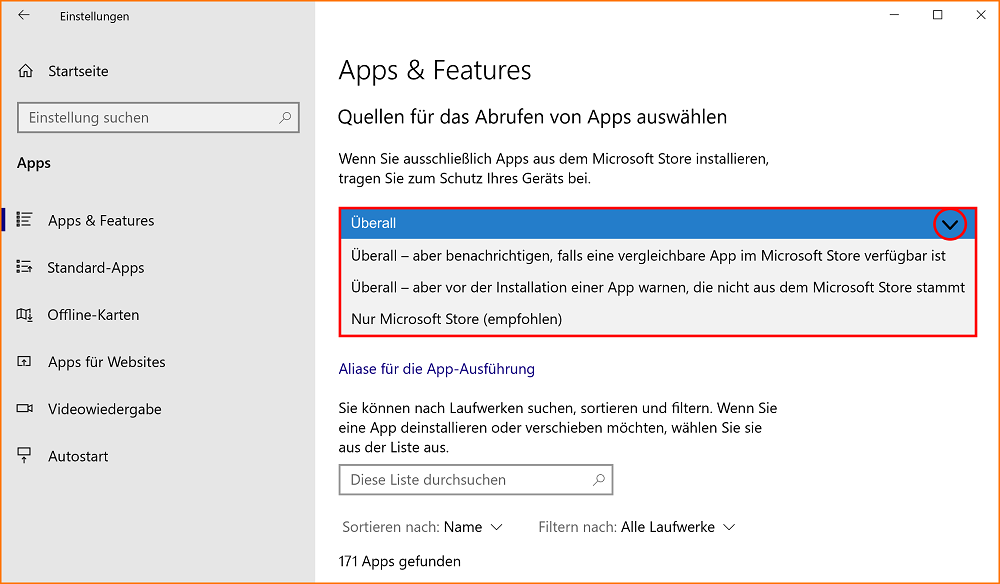 win10 Einstellungen Apps Quellen kurz