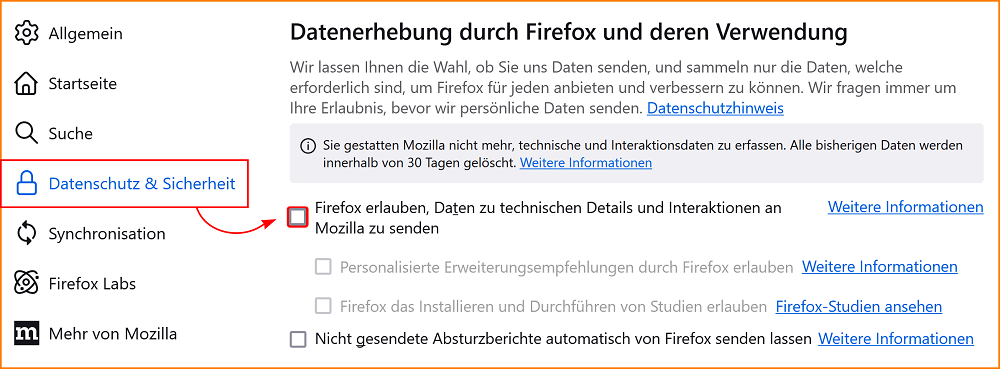 Einstellungen Telemetrie deaktivieren fx134