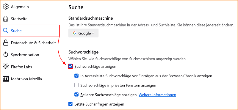Einstellungen Suche Suchvorschläge fx134