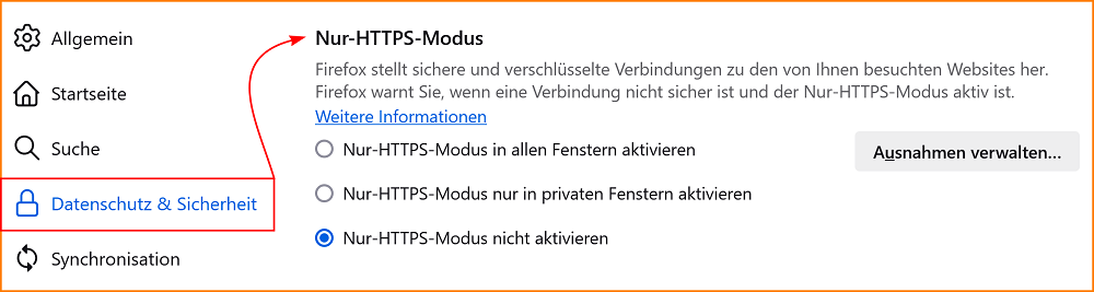 Einstellungen Datenschutz Nur HTTPS Modus fx135