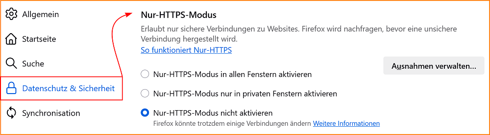 Einstellungen Datenschutz Nur HTTPS Modus fx136