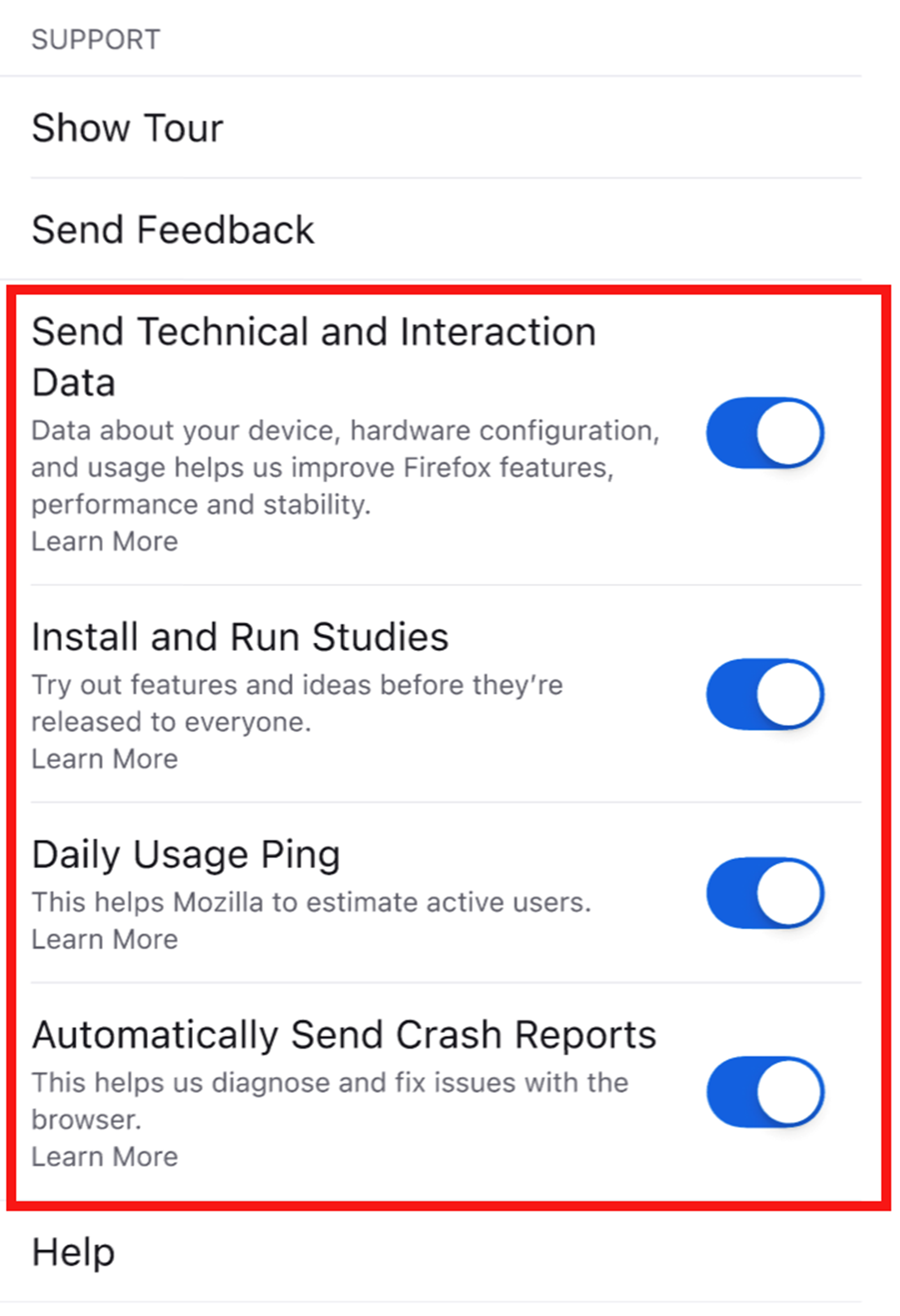 Data ios settings