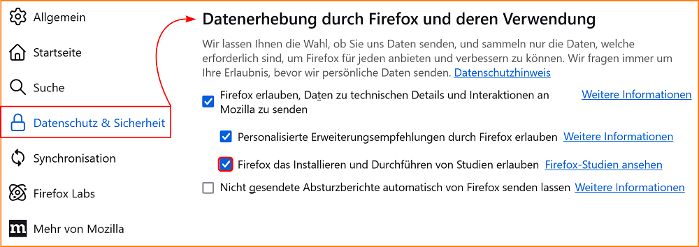 Einstellungen Datenschutz Datenerhebung fx135