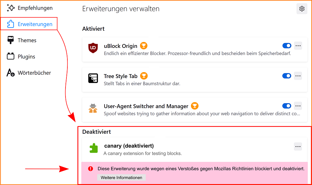 Add-ons Liste Erweiterungen blockiert fx135