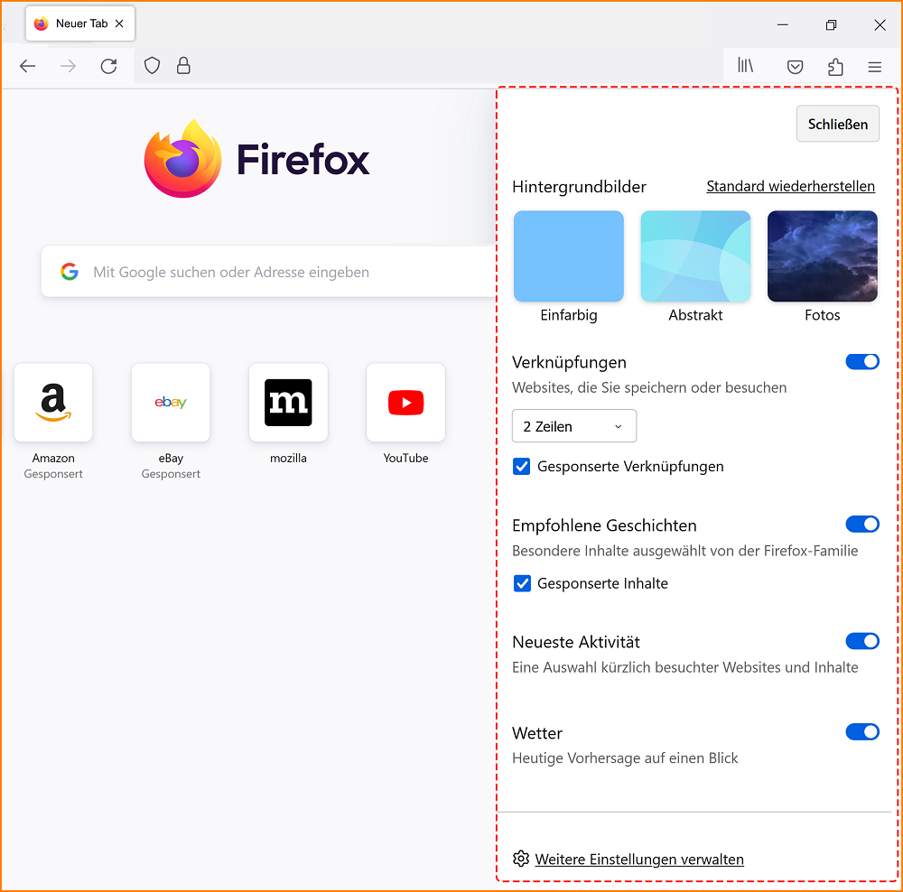 Neuer Tab anpassen Einstellungen fx128