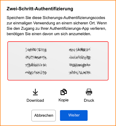 2FA Authentication-Sicherungscode Liste