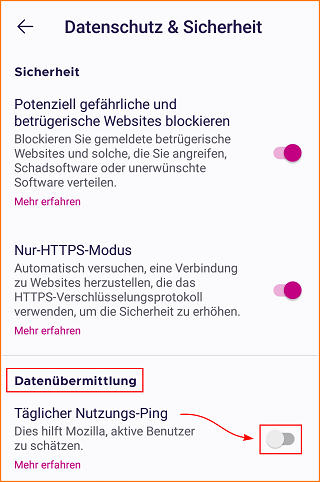 Firefox Klar täglichen Nutzungs-Ping deaktivieren