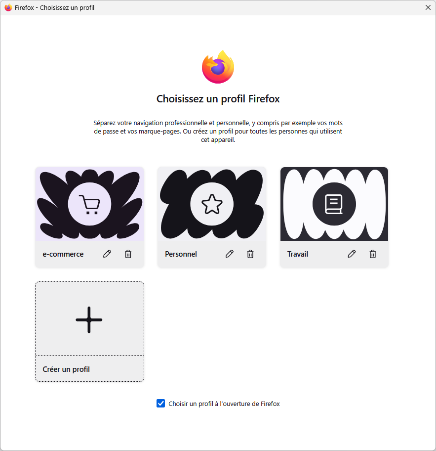 Choose a profile at Firefox startup