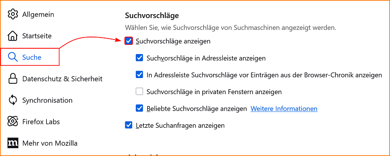 Einstellungen Suche Suchvorschläge fx137