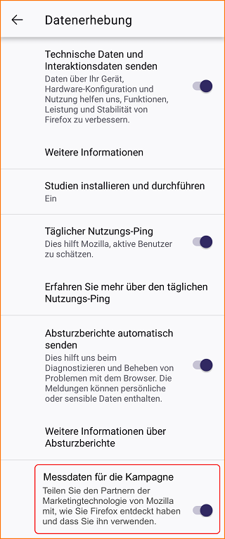Android Messdaten für Kampagne deaktivieren