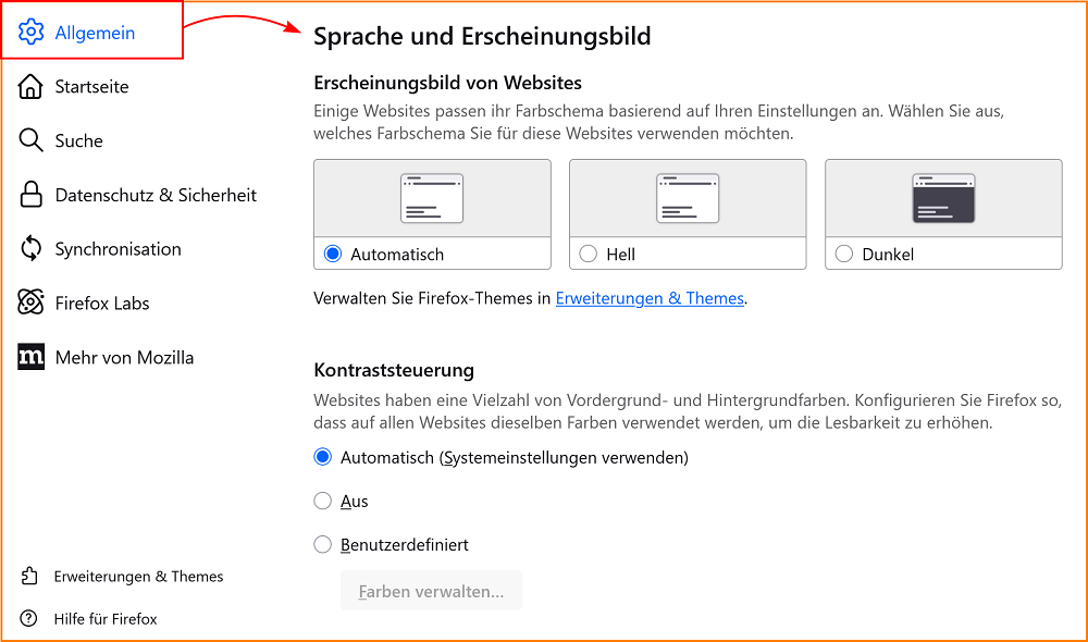 Einstellungen Allgemein Erscheinungsbild fx138