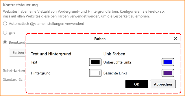 Einstellungen Allgemein Kontraststeuerung Farben fx138