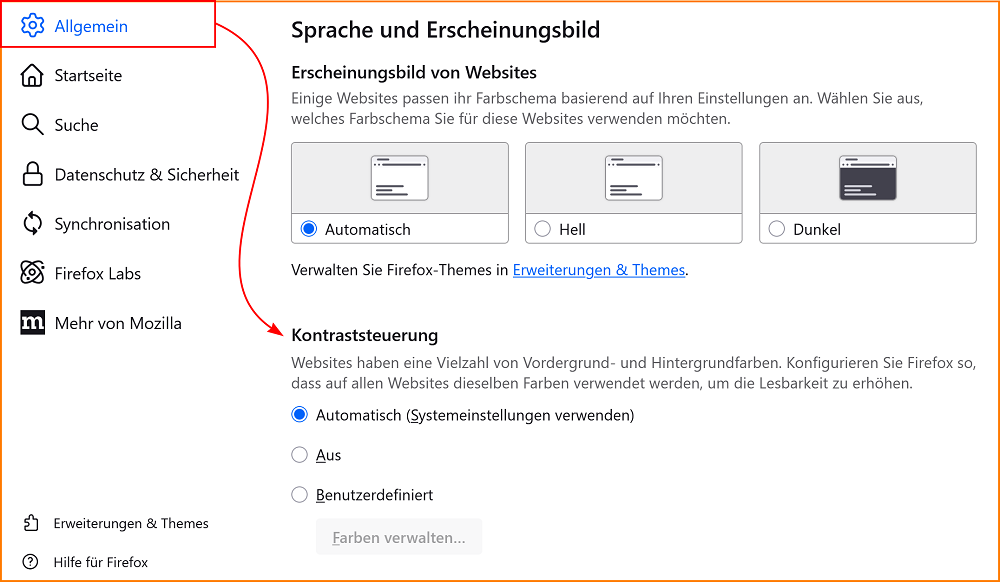 Einstellungen Allgemein Kontraststeuerung fx138