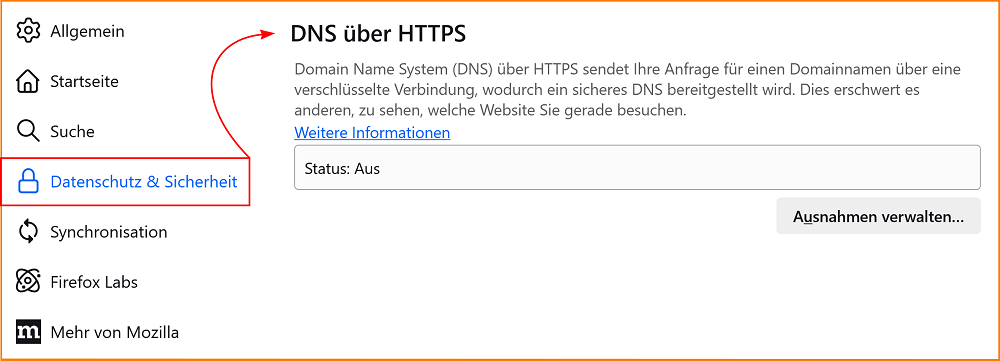 Einstellungen Datenschutz DoH fx138