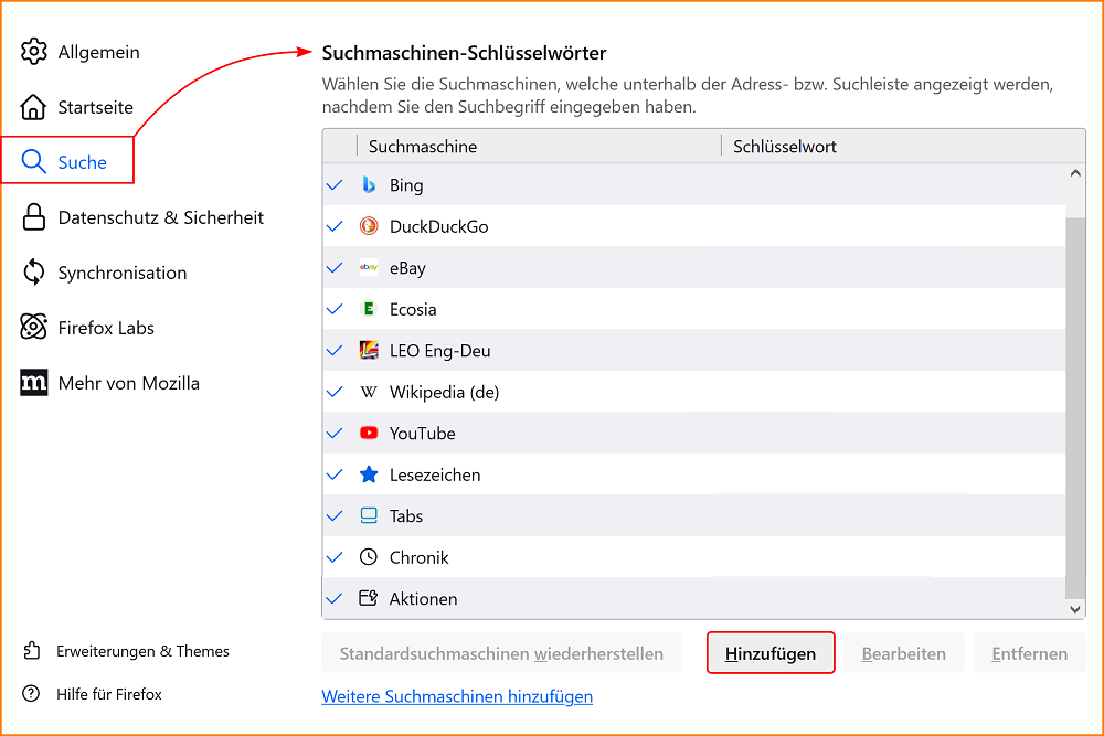 Einstellungen Suche Suchmaschine hinzufügen fx140