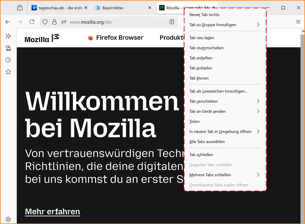 Tab entladen Kontextmenü fx140