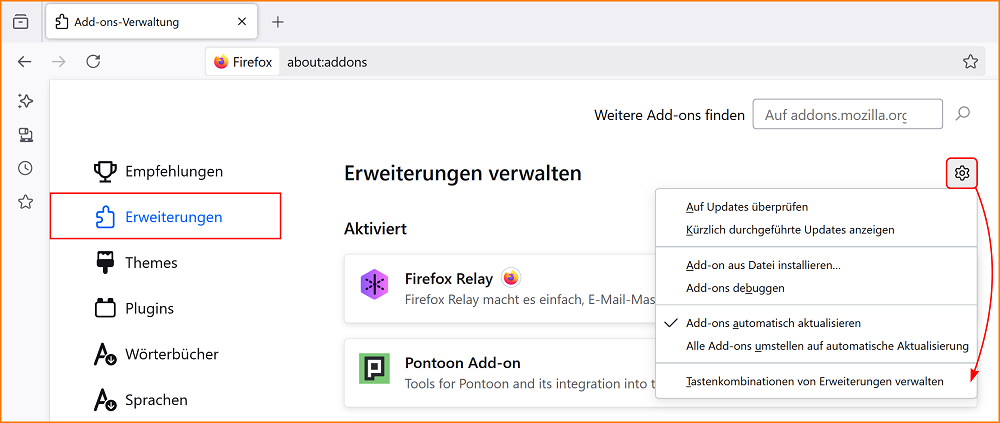 Add-ons Erweiterungen verwalten fx140