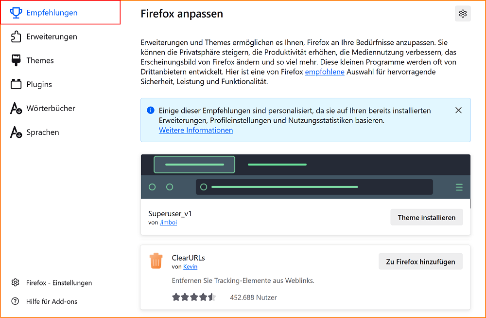 Add-ons personalisierte Erweiterungsempfehlungen fx140
