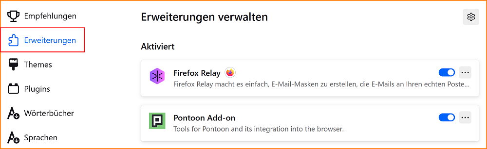 Add-ons Erweiterungen verwalten ohne Menü fx140