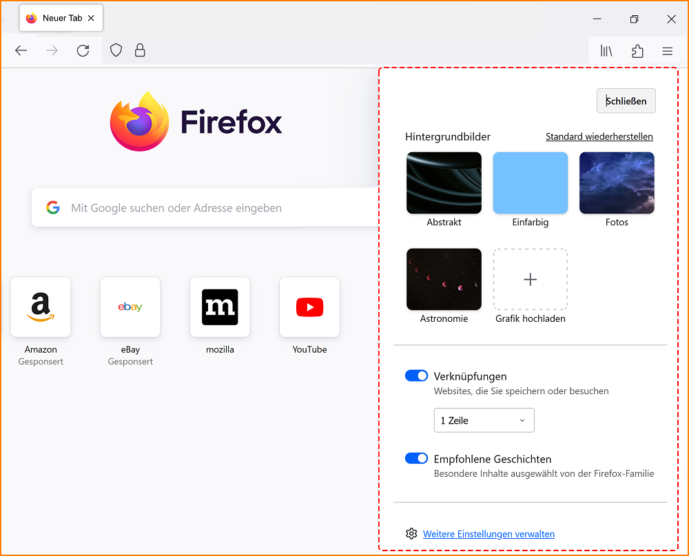 Neuer Tab anpassen Einstellungen fx140