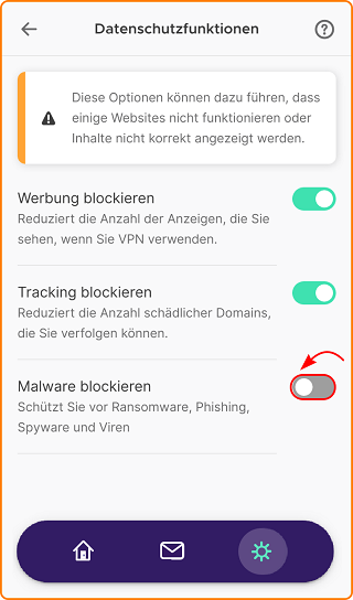 VPN Einstellungen Datenschutzfunktionen Schalter