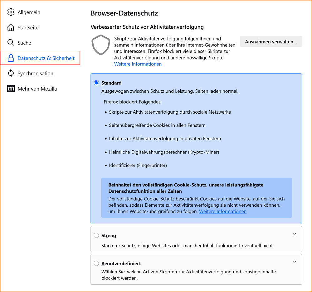 Einstellungen Datenschutz Aktivitätenverfolgung fx142