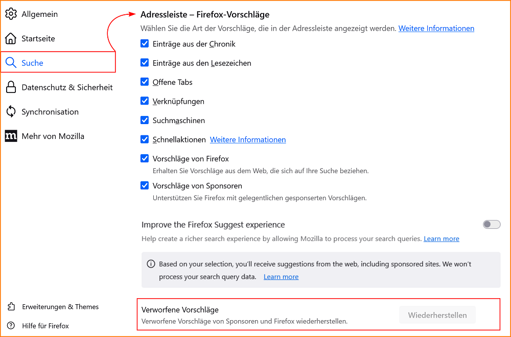 Einstellungen Suche Adressleiste Verworfene Vorschläge fx143