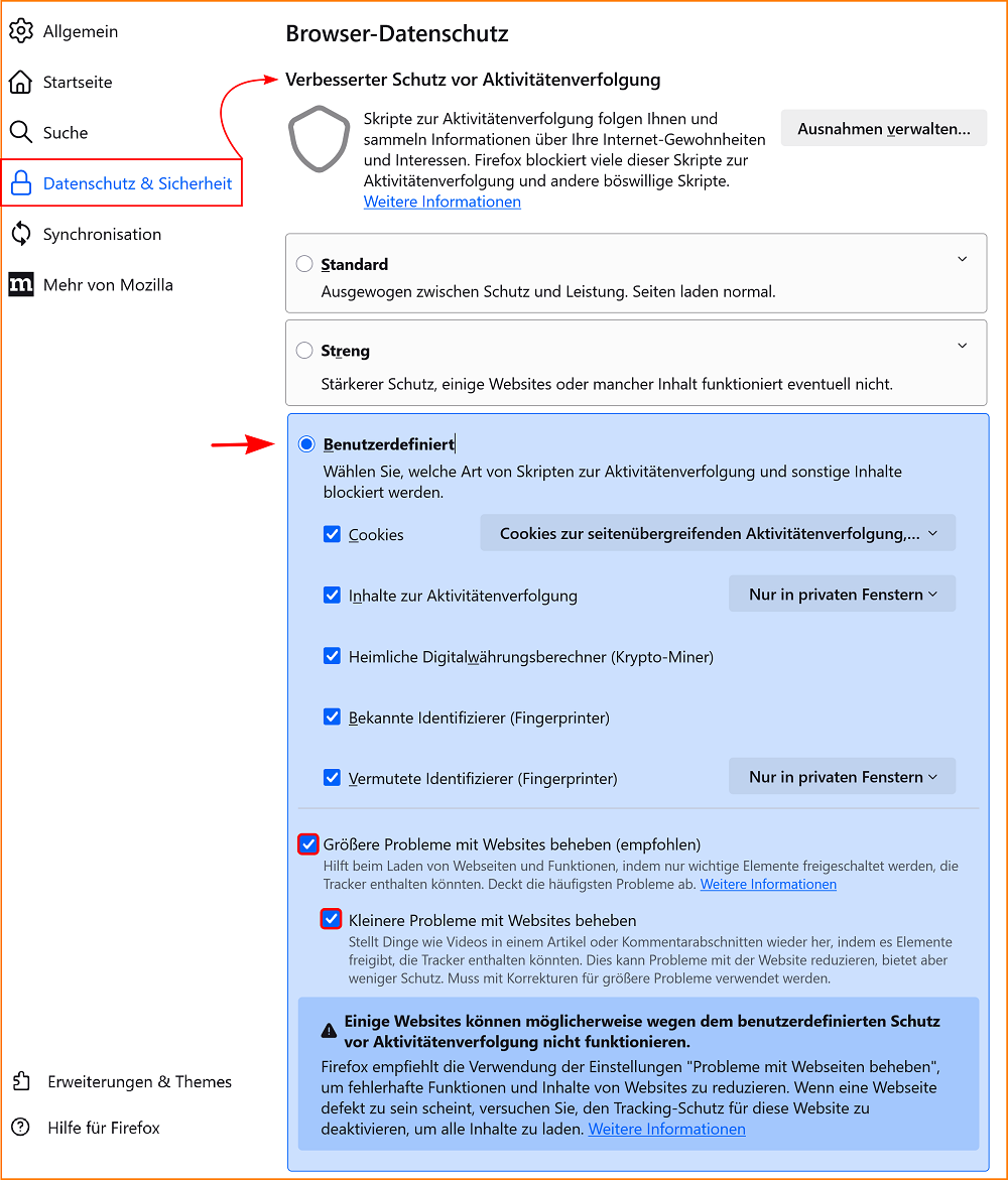 Einstellungen Datenschutz Benutzerdefiniert fx142