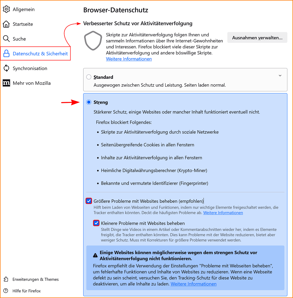 Einstellungen Datenschutz Streng fx142