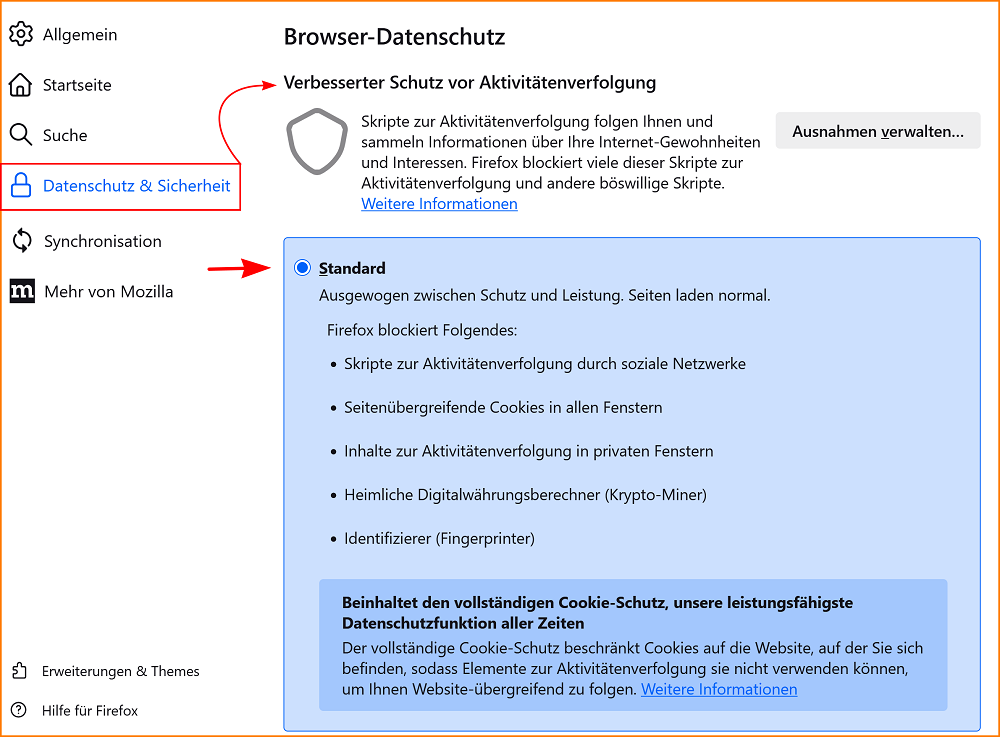 Einstellungen Datenschutz Standard fx142