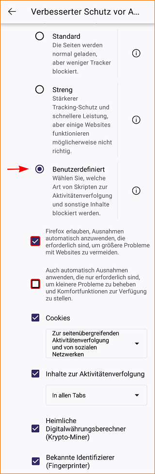 Android Einstellungen Datenschutz Benutzerdefiniert