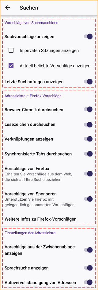 Android Sucheinstellungen Optionen m144