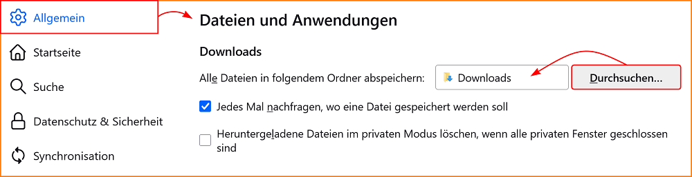 Einstellungen Allgemein Downloads durchsuchen fx141