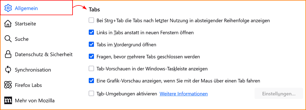 Einstellungen Allgemein Tabs fx142