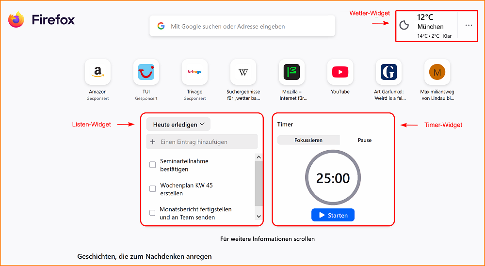 Widget Seite Neuer Tab 1
