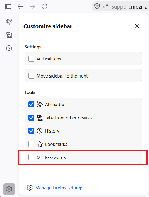 サイドバーからツールと垂直タブにアクセスします。 | Firefox ヘルプ